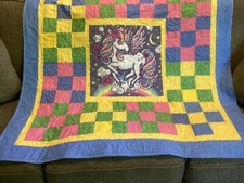 Handmade/ Machine Quilted Cotton Unicorn Unisex Baby / Lap Quilt 45  X 45  NEW