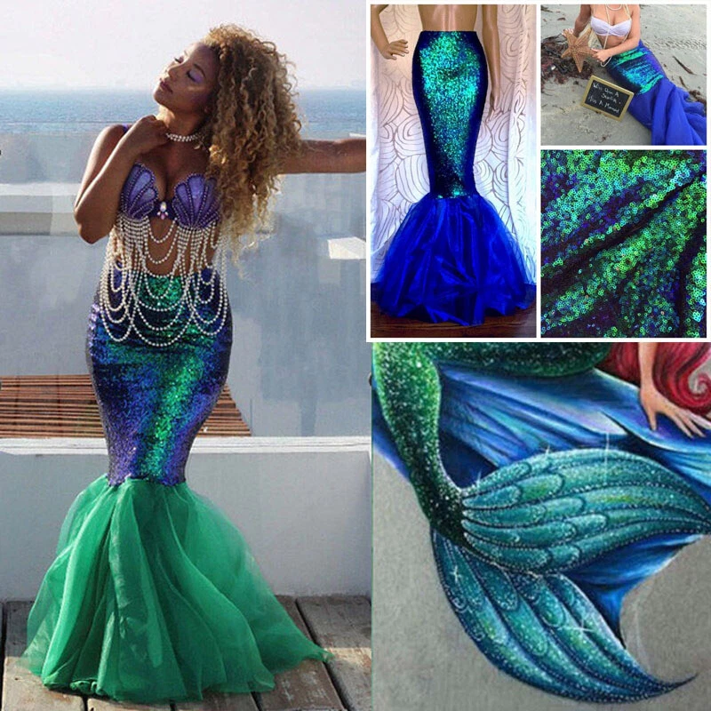 Women Mermaid Cosplay Half-body Costume Dress Fishtail Sequin Maxi Skirt Party - Image 3 of 4