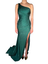 SHERRI HILL EVENING DRESS, GREEN, BEADED, PRISTINE, ONE-SHOULDER, SIZE 00