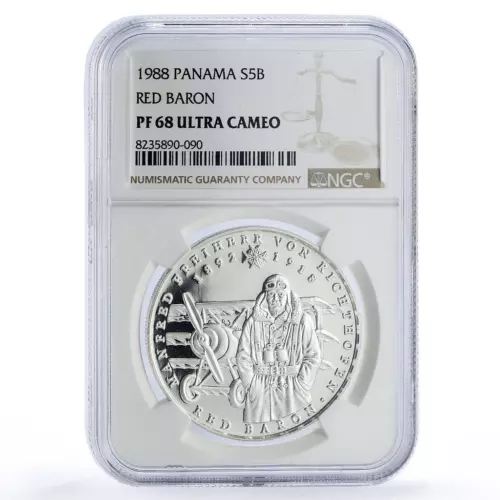 Panama 5 balboas Richthofen Red Baron Planes Aviation PF68 NGC silver coin 1988