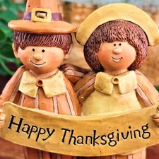 Vintage Blossom Bucket Suzi Skoglund Pilgrim Couple Figurine Happy Thanksgiving