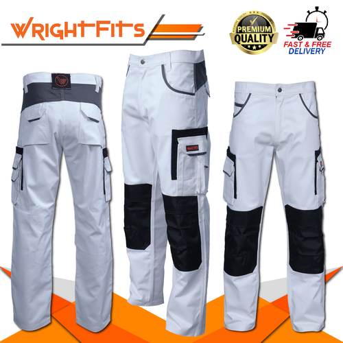Mens Painters Decorators White Work Trousers With Cargo & Knee pad