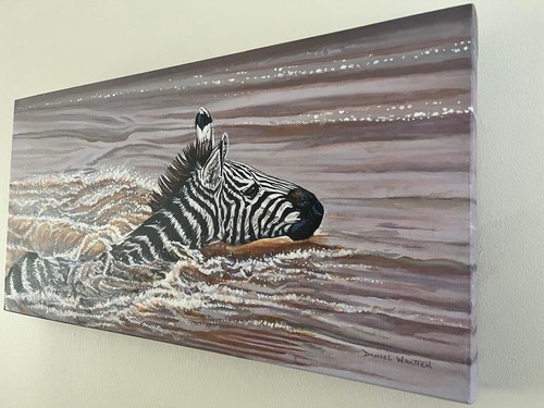Pintura Acrílica Original sobre Lienzo Estirado de Cebra Nadando para su Vida - Imagen 4 de 6
