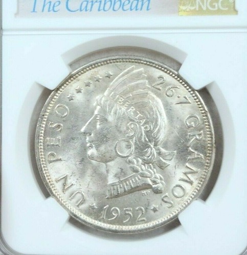 1952 DOMINICAN REPUBLIC SILVER 1 PESO NATIVE PRINCESS NGC MS 63 SCARCE BEAUTY - Picture 3 of 5
