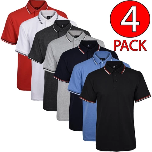4 Pack Mens Polo Shirt Short Sleeve Tipping Plain Pique Top Casual TShirt Tee