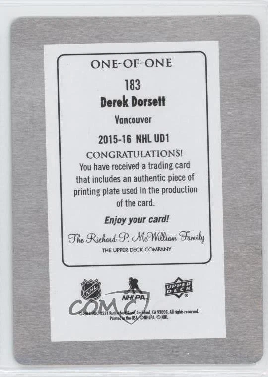 2015-16 Upper Deck Printing Plate Cyan 1/1 Derek Dorsett #183 0c3 - Image 2 of 3