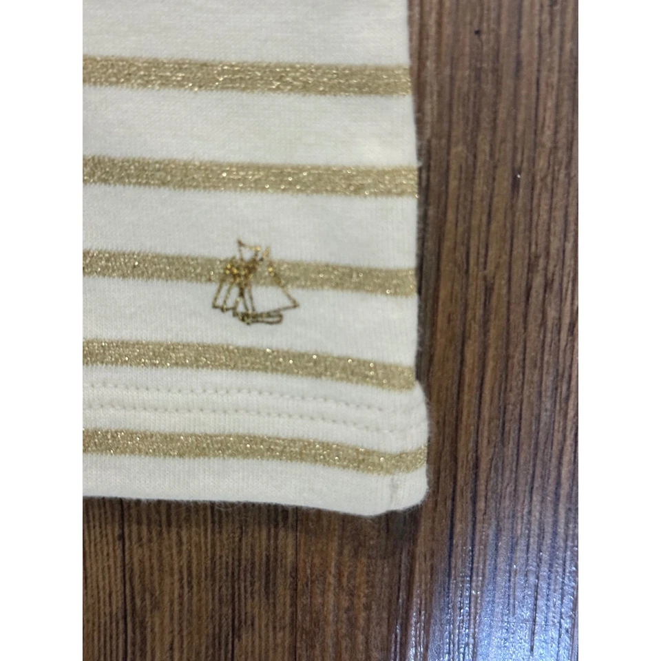 Top Petit Bateau Niñas 10A Crema Dorado Rayas Manga Larga Lazo Navidad Elegante Foto 4 de 4
