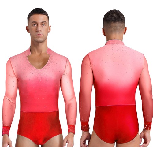 Mens Glitter Latin Ballroom Samba Dance Outfit Long Sleeve Bodysuit Nightclub - Picture 36 of 87