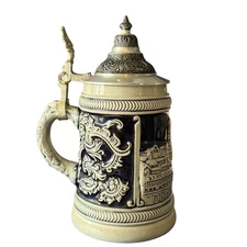 Vintage German Beer Stein Pewter Lid – München Cityscape Handarbeit DB Mark