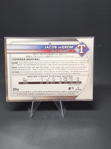 2025 Bowman Jacob DeGrom Purple Pattern #44/199 Rangers #28 - Picture 2 of 2