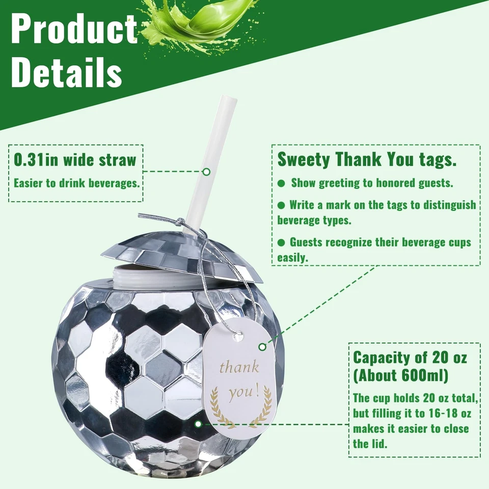 Tazas de bola de discoteca con tapas y pajitas - 9 piezas vasos reutilizables de 20 oz con etiquetas -... Foto 3 de 4
