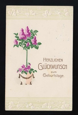 Lilac Trunk Stylised Floral Border, Happy Birthday Lahr 16/6/1910