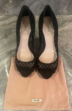 Miu Miu by Prada Lattice Peep Toe Platform Pumps 37 / 7 Black Suede Heels Shoes
