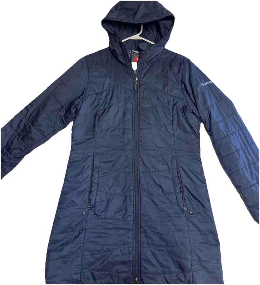 Columbia Omni Heat 女式中号 Puffer 夹克长蓝色连帽隔热外套 — 第 2/4 张图片