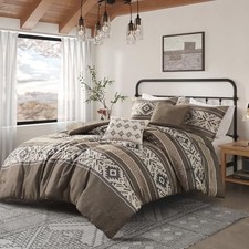 Queen Comforter Set, Stripes Herringbone Southwestern Boho Full/Queen Brown
