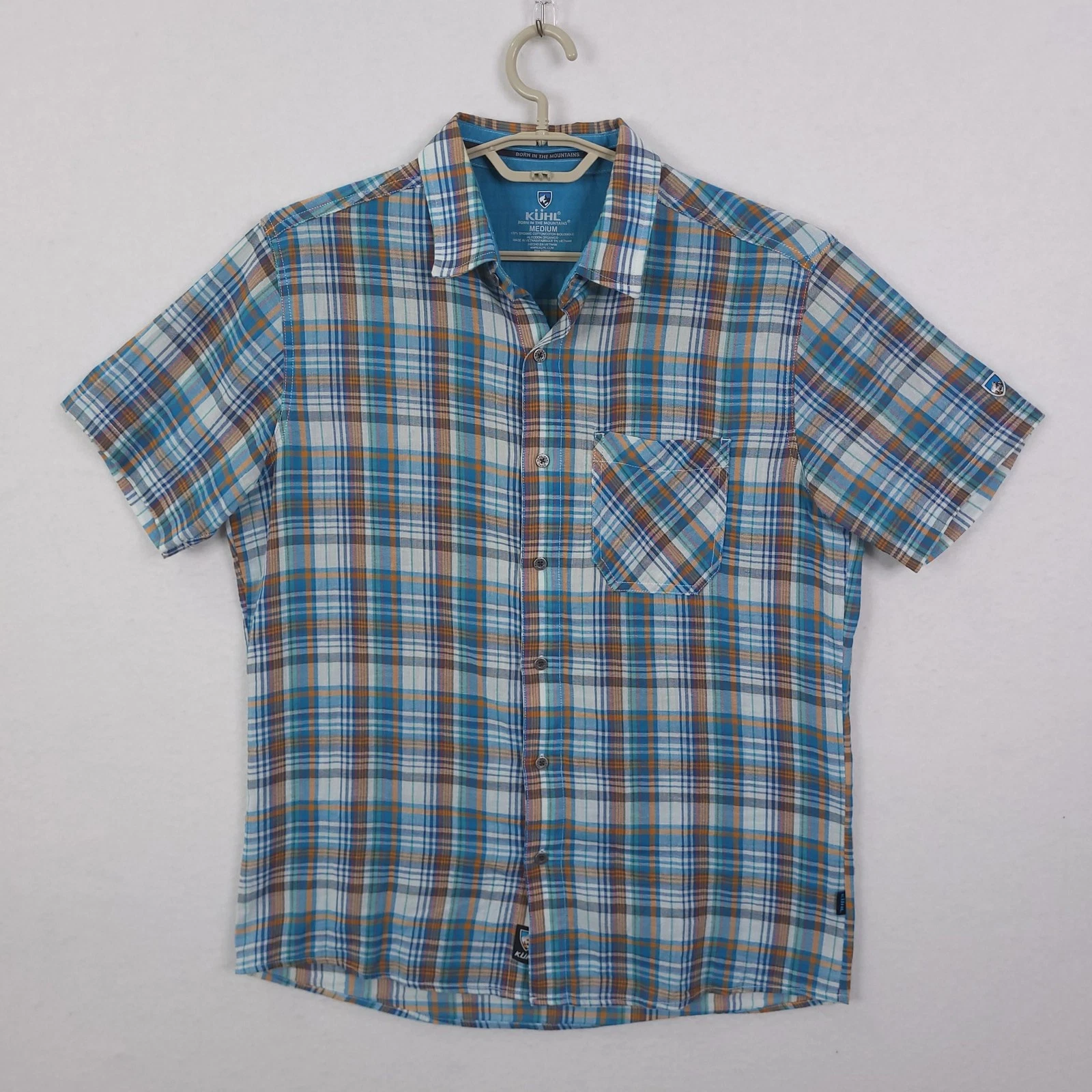 KUHL Shirt Mens Medium Blue Orange Plaid Short Sleeve Hiking Outdoor Casual