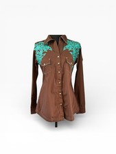 Wrangler Rock 47 Cowgirl Bling Snap Brown Embroidered Turquoise Rodeo Shirt SZ M