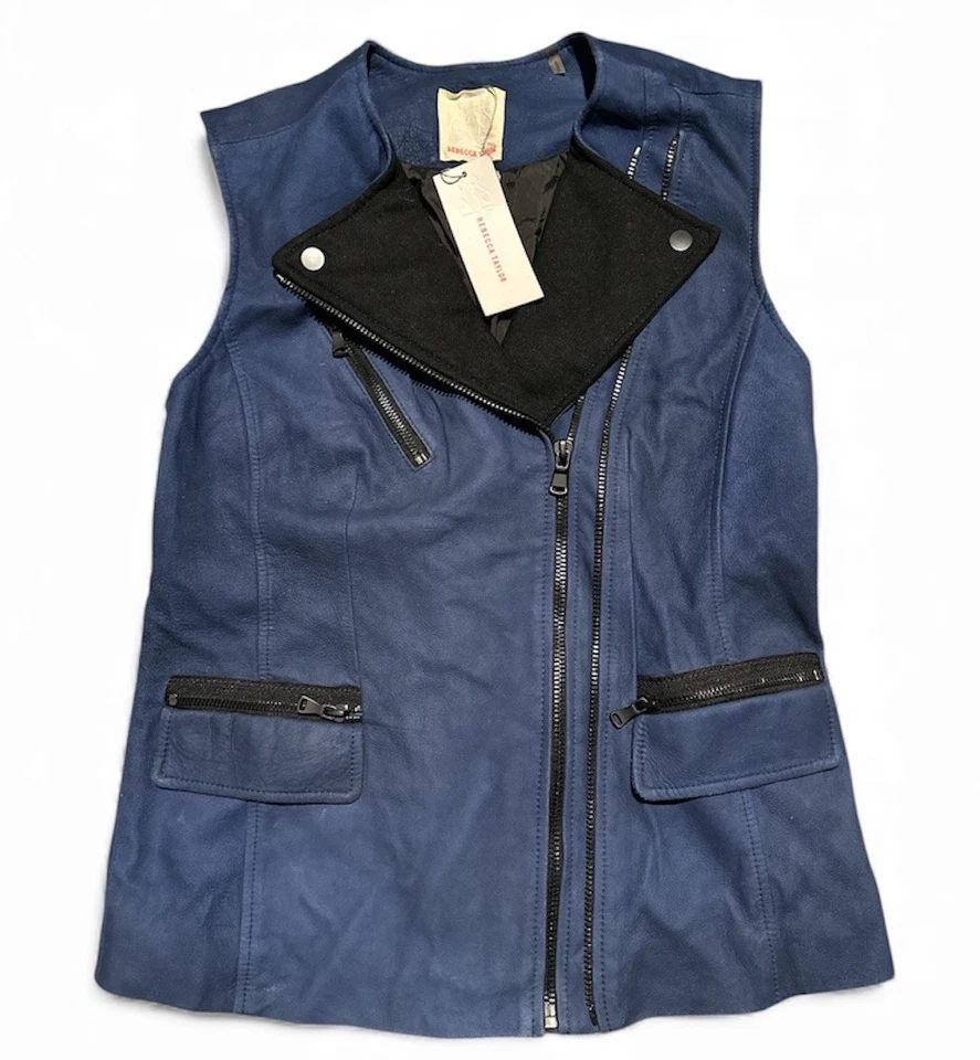 Rebecca Taylor Lamb Leather Motto Vest Cobalt Blue Womens Sz Small Retail $695 - Image 3 of 4