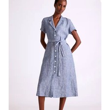 Quince European Linen Button Front Striped Dress Women M Blue Coastal Classic