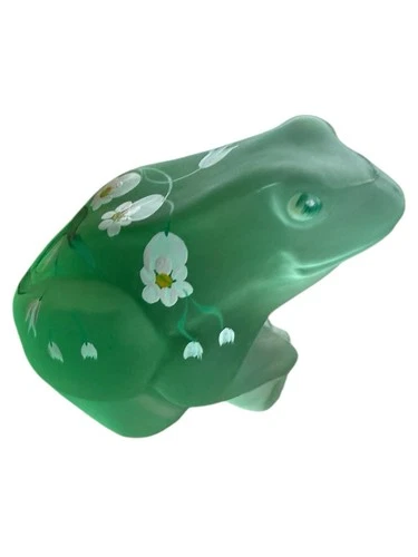 FENTON Frosted Green Frog Figurine Hand Painted Flowers Lenox Signed A Russell