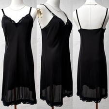 Vintage 70s JC Penny Black Silky Lace Trim Slip Dress Size Medium / 90s Grunge