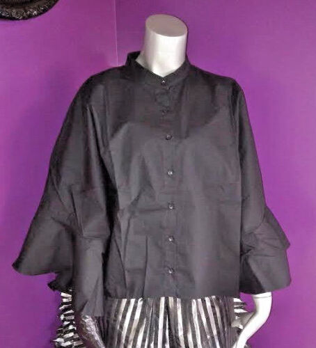 BLACK BUTTON FRONT KIMONO STYLE TOP WITH RUFFLE SLEEVES - Picture 1 of 3