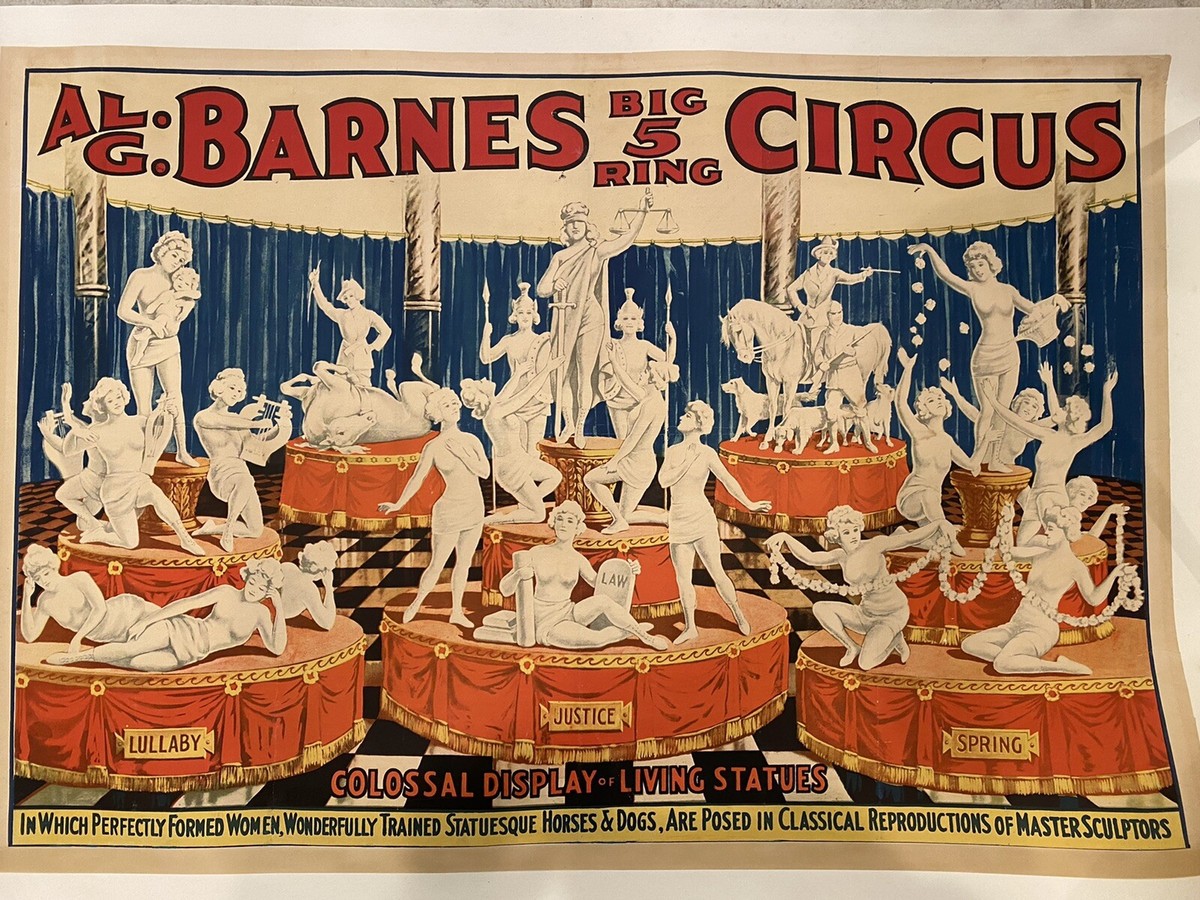 Circa 1930 Living Staues Art Deco Barnes Circus Poster Linen