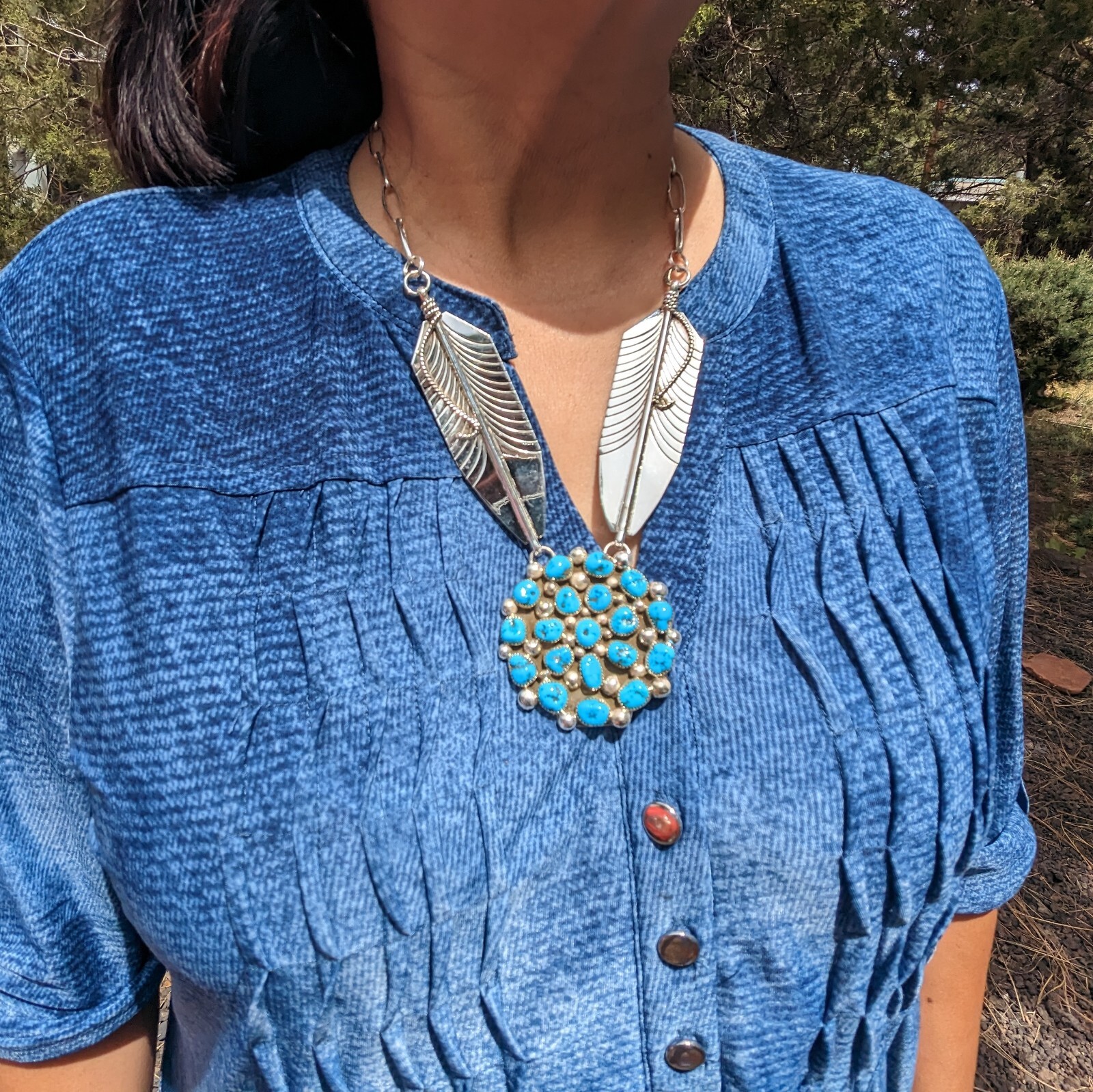 Native American Chain Necklace Handmade Cluster Turquoise Twin large