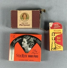 LOT 3 Vtg Hair Pins Sta-Rite, Gayloa Hold-Bob, Diadem Grip-Tuth Pin Tainer