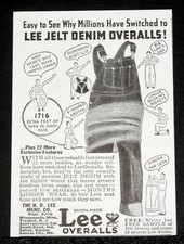 1934 OLD MAGAZINE PRINT AD, H.D. LEE JELT DENIM OVERALLS, EXCLUSIVE FEATURES