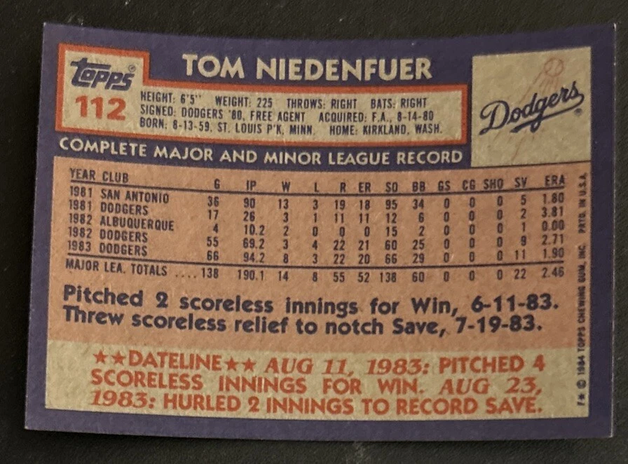 1984 Topps Tom Niedenfuer 2nd Year Baseball Card #112 Dodgers Pitcher VG O/C - Image 2 of 2