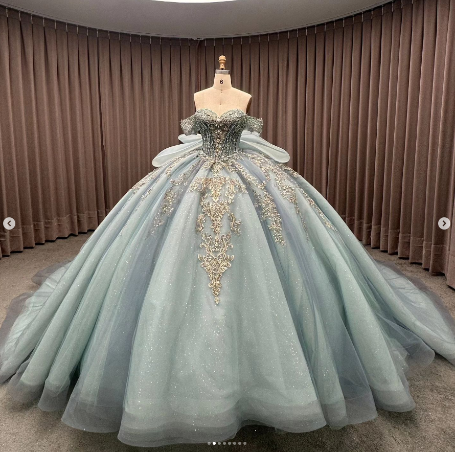 Glitter Quinceanera Dresses Blue Princess Beaded with Bow Sweet 15 16 Ball Gowns