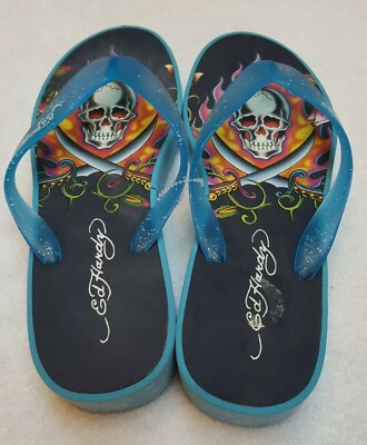 Ed Hardy SKULLS Flip flops Sandals Size Women's 6? Blue VGC