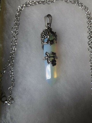 OPALITE CRYSTAL POINT TOWER ANTIQUE SILVER NECKLACE WRAP CRYSTAL POINT NIP  