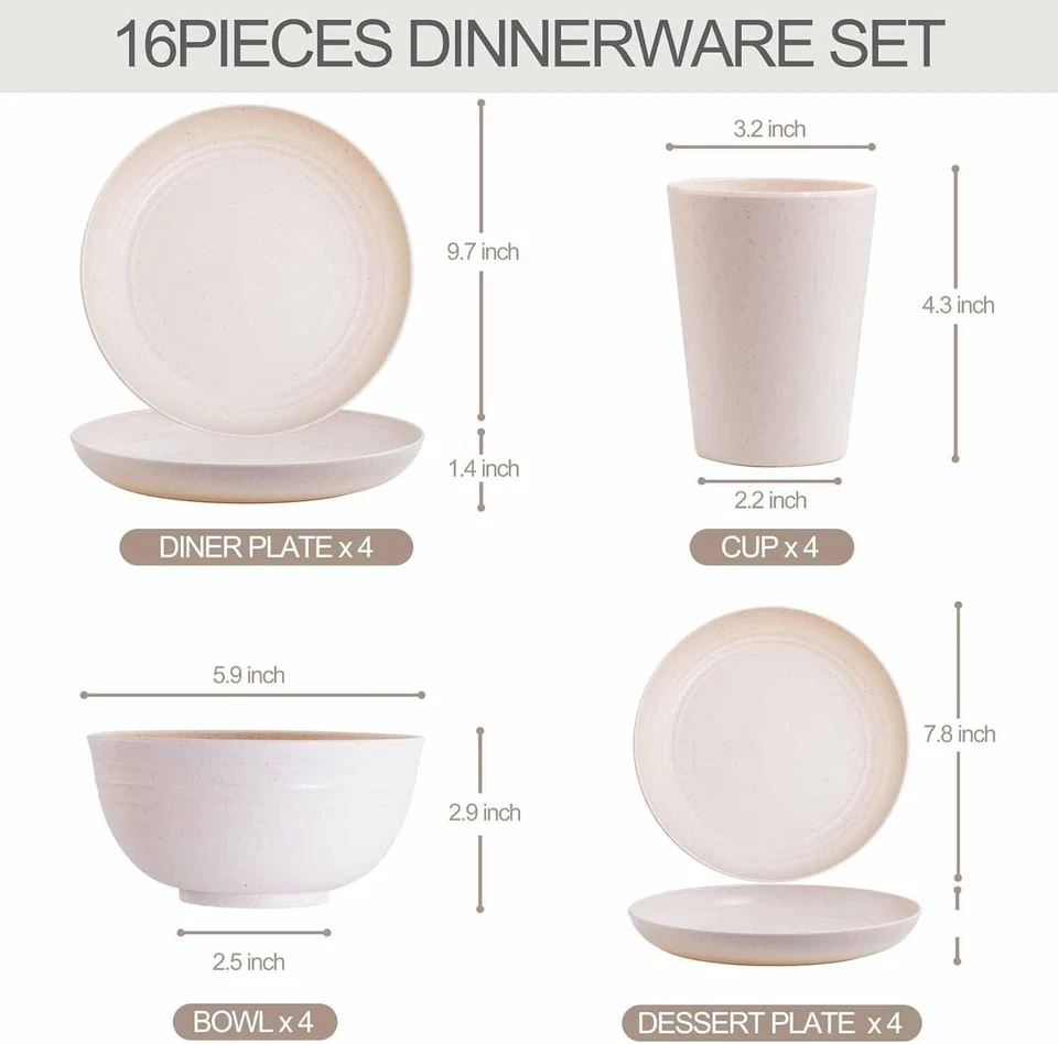 16PCS Wheat Straw Dinnerware Set for 4, Unbreakable, Microwave Safe, Plastic - Image 2 of 4