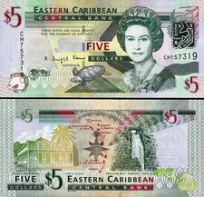 East Caribbean 5 Dollars 2008, UNC, P-47 ,QUEII, Prefix CH