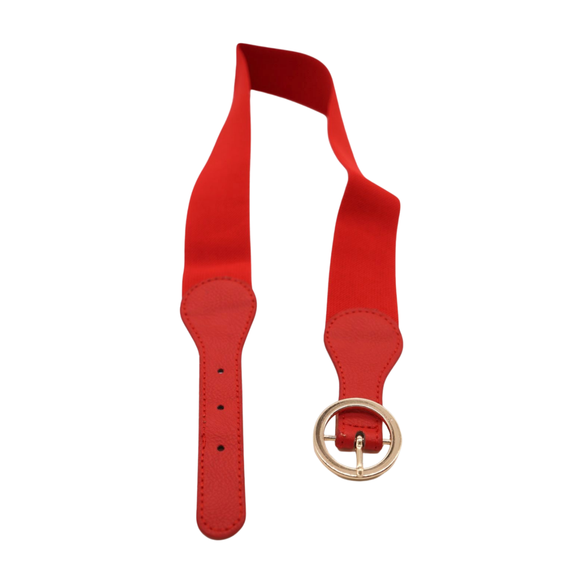 Women Chic Red Faux Leather Elastic Skinny Belt Gold Circle 