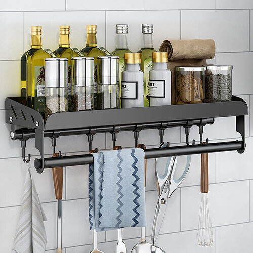 Kitchen Hook Rack Wall Mounted Utensil Rack Kitchen Shelf Organiser Spice  Holder