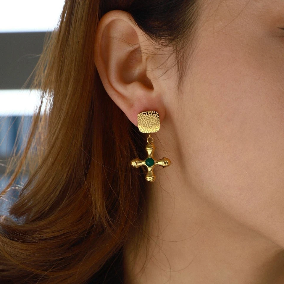 Moda Mujer Chapado en Oro 18K Ágata Cruz Pendiente Tachuela Colgante Foto 2 de 4