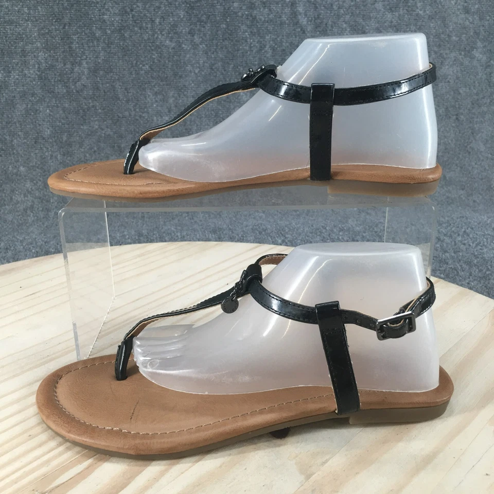 Sandalias BCBGeneration para mujer 6 B correas al tobillo cuero negro informal hebilla tanga Foto 2 de 4