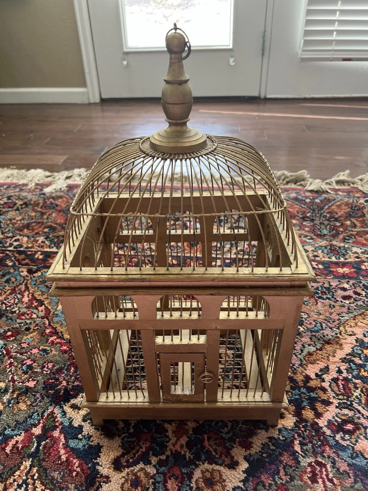 Vintage Gold Painted Decorative Wood & Wire Birdcage