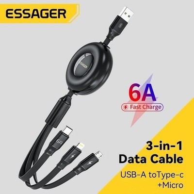 6A 66W Micro USB C Cable Type C 3in1 Fast Charge Cable For iPhone Android phone