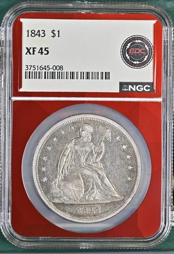 1843 Seated Liberty Silver Dollar $1 NGC XF 45 Red Core Toned Beautiful Color