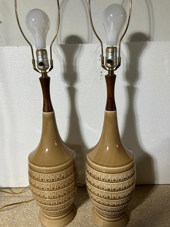 Matched pair of ceramic + teak/walnut lamps — sets like this are increasingly scarce and instantly transform a bedroom or living room.