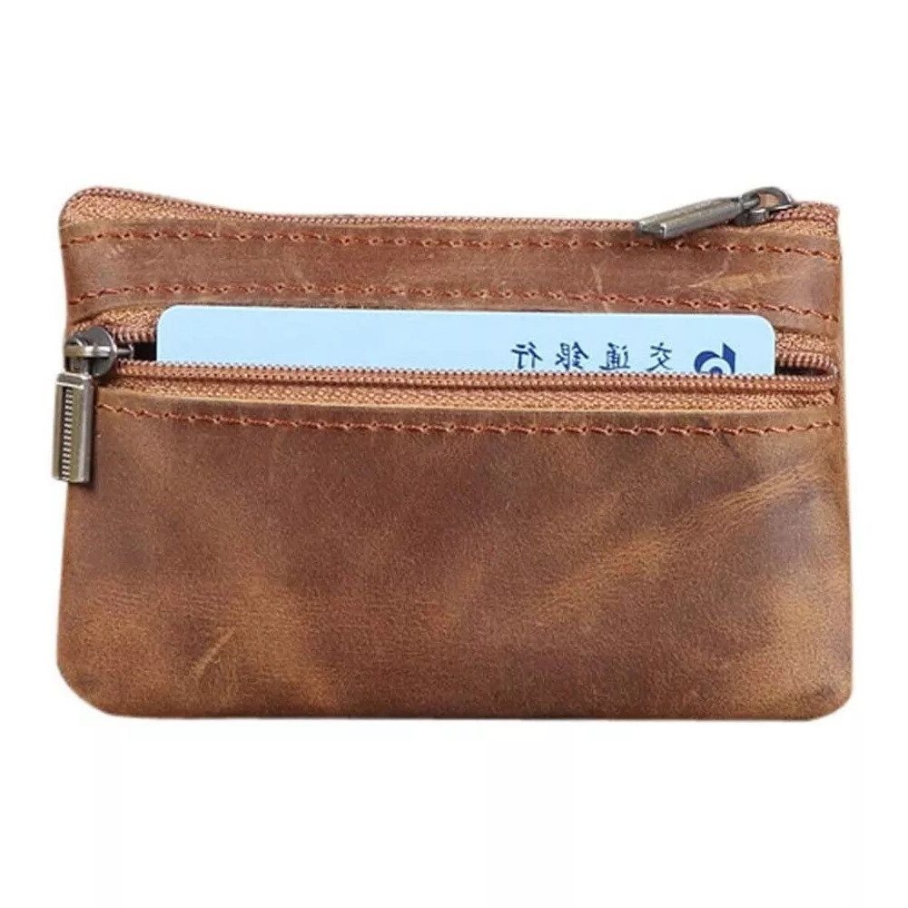 Brown Genuine Leather Coin Purse Small Zipper Wallet with Key Ring & Card Holder