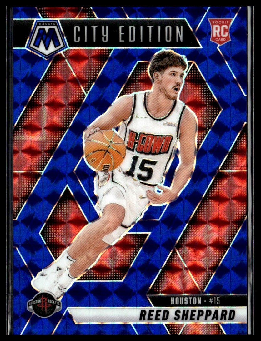 2024-25 Panini Mosaic 276 Reed Sheppard Houston Rockets RC Blue Prizm 057/199