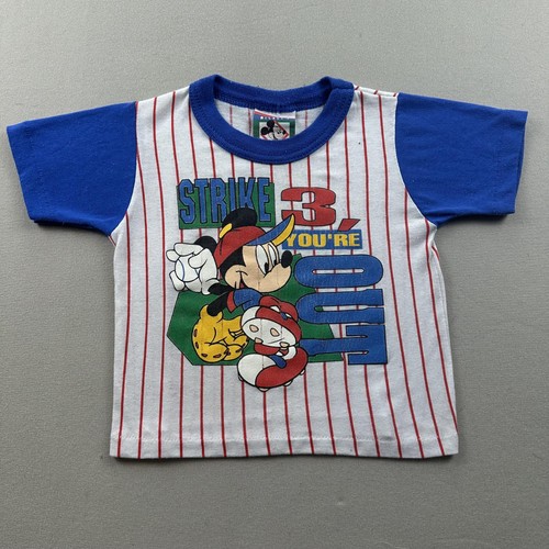 Vintage Disney Mickey Mouse T-Shirt Toddler 4T White Blue Pinstripe Baseball 90s