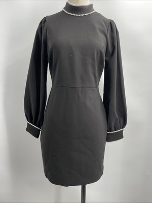 Likely Women's Black Puff Long Sleeve Bonni Pearl Beaded Neck Mini Dress Size 6