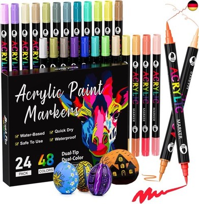 Acrylstifte für Steine Wasserfest,48 Farben/24 Stifte Dual Tip Acrylfarben Stift