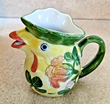 Vintage Andrea by Sadek Chicken Rooster Mini Creamer Pitcher 3" Green Yellow
